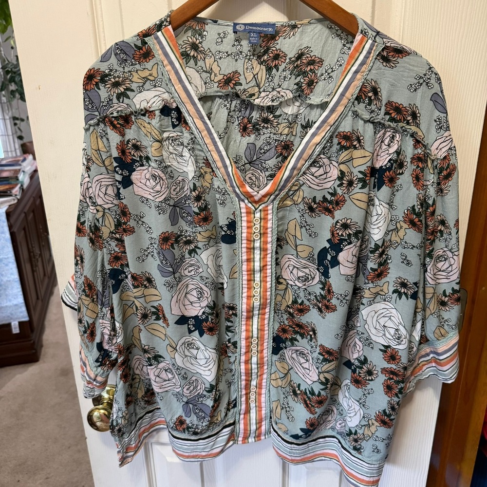 Democracy Floral Boho Peasant Blouse Top Split VNeck Striped Trim Womens XL Fall
